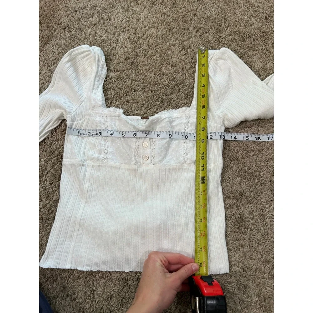 Free People White Lace Ribbed Long Sleeve Top Square Neck Coquette Prairie S